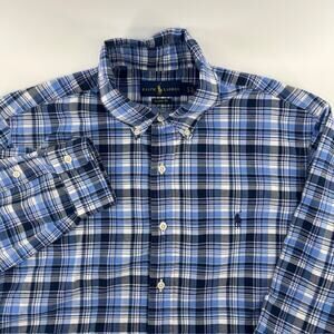 Polo Ralph Lauren Classic Fit Oxford Polo Mens L Blue White Plaid Preppy Casual